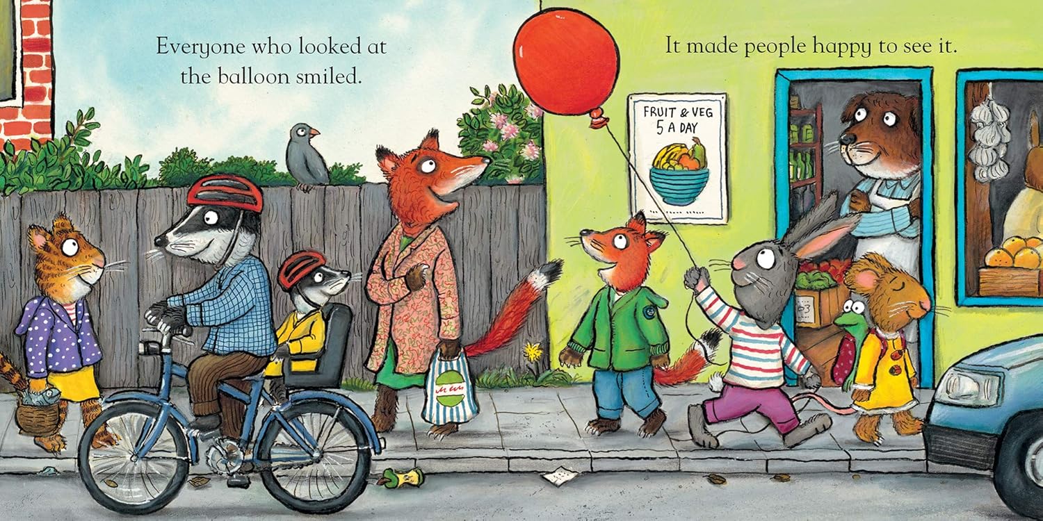 Illustration of animals in a neighborhood with a balloon, showing happiness.