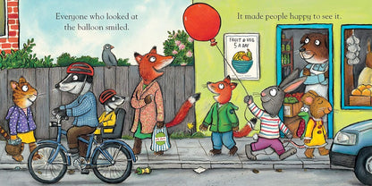 Illustration of animals in a neighborhood with a balloon, showing happiness.