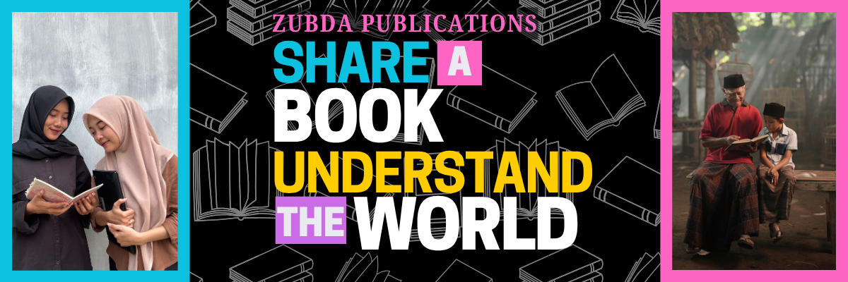 Promotional banner for Zubda Publications with text 'Share a Book, Understand the World' and images of people reading.