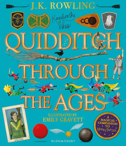 Book cover of 'Quidditch Through the Ages' by J.K. Rowling with illustrations and text on a blue background.