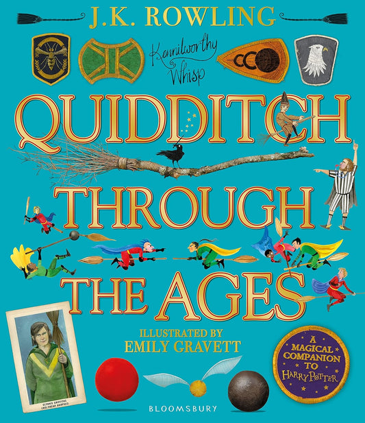 Book cover of 'Quidditch Through the Ages' by J.K. Rowling with illustrations and text on a blue background.