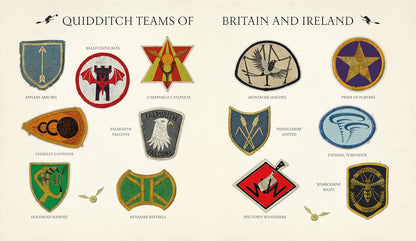 Illustrations of Quidditch teams from Britain and Ireland on a beige background
