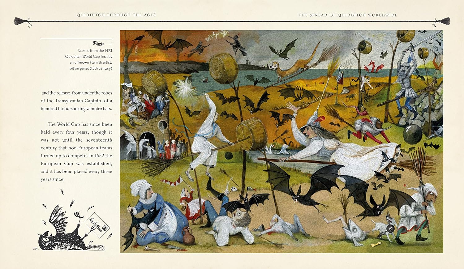 Illustration from a book with a colorful scene of people and animals in a landscape.