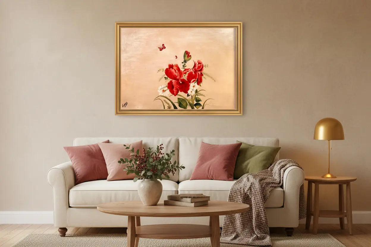 Living room with a beige sofa, coffee table, and wall art featuring red flowers.