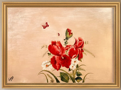 Framed artwork of red flowers and a butterfly on a beige background