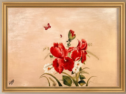 Framed artwork of red flowers and a butterfly on a beige background