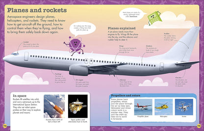Educational poster about planes and rockets with illustrations and text.