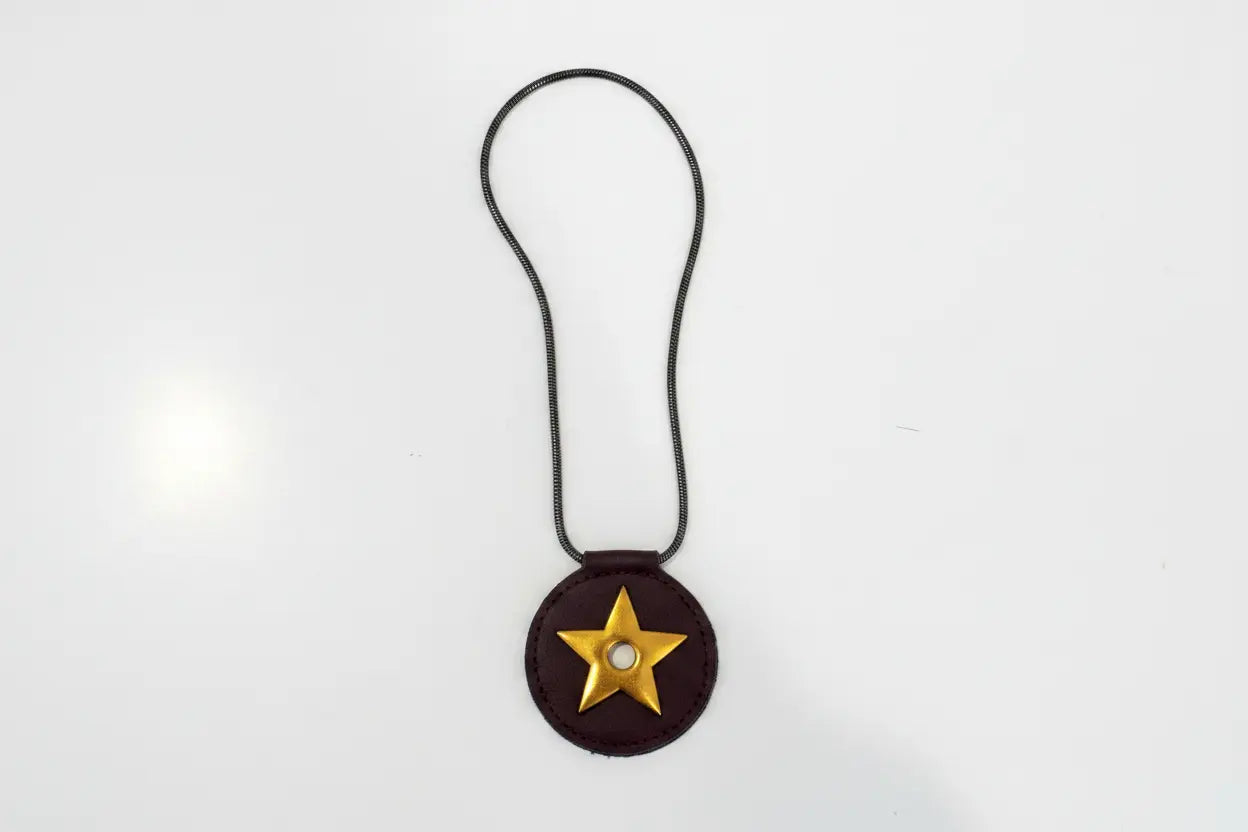 Brown leather charm with a gold star on a white background