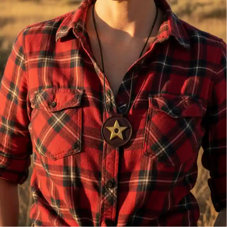 Red plaid shirt with a star necklace on a blurred natural background