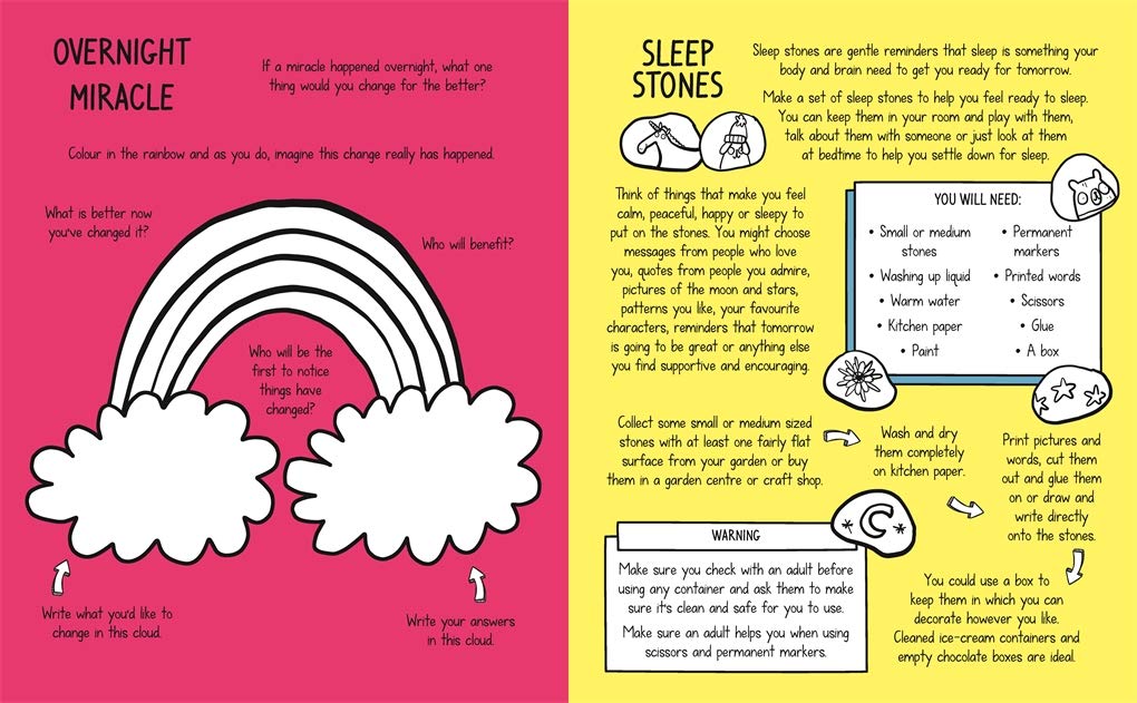 Children's activity book with sleep stones instructions and a rainbow illustration on a pink and yellow background.