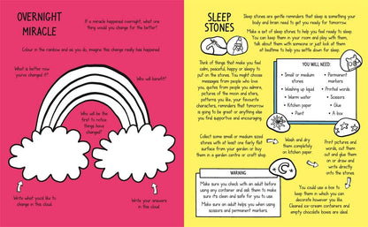 Children's activity book with sleep stones instructions and a rainbow illustration on a pink and yellow background.