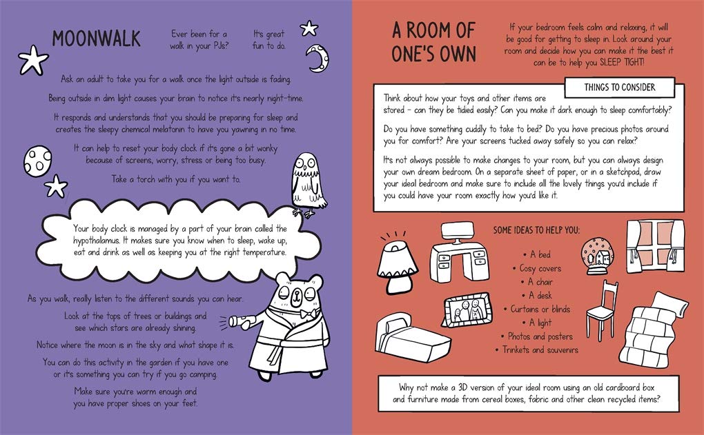 Illustrated book pages on moonwalking and creating a room, with text and graphics on a purple and orange background.