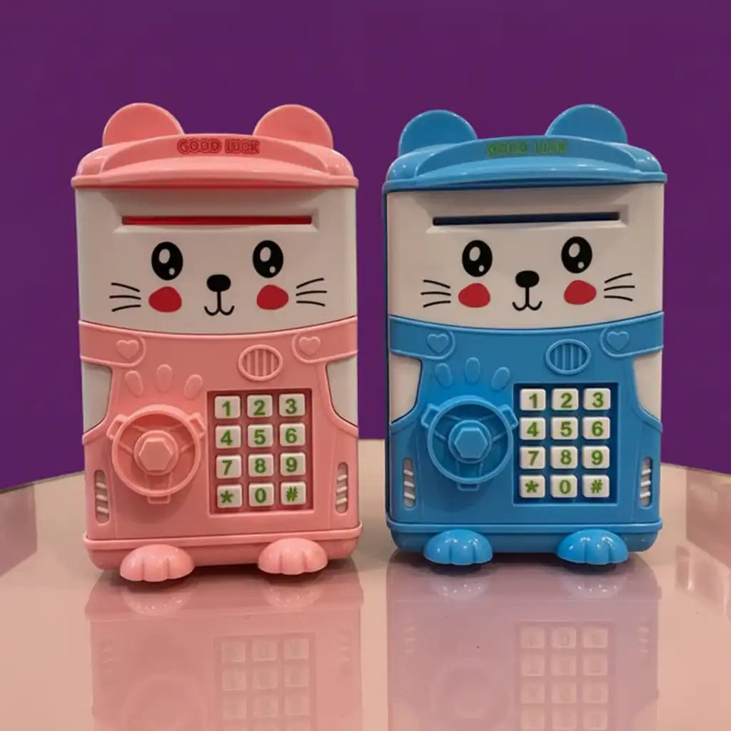 Two colorful toy phones, one pink and one blue, on a reflective surface with a purple background.