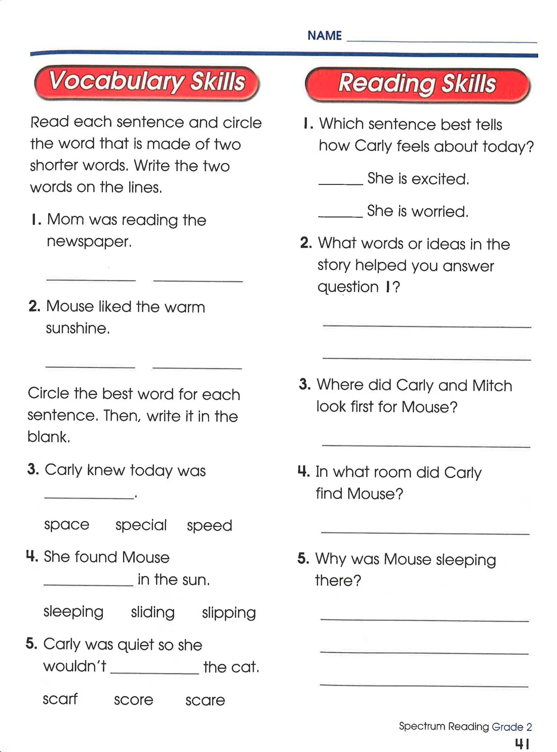 Educational worksheet with vocabulary and reading skills exercises for Grade 2 students.