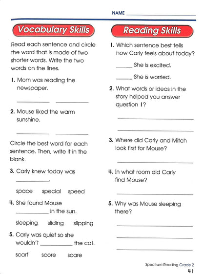 Educational worksheet with vocabulary and reading skills exercises for Grade 2 students.