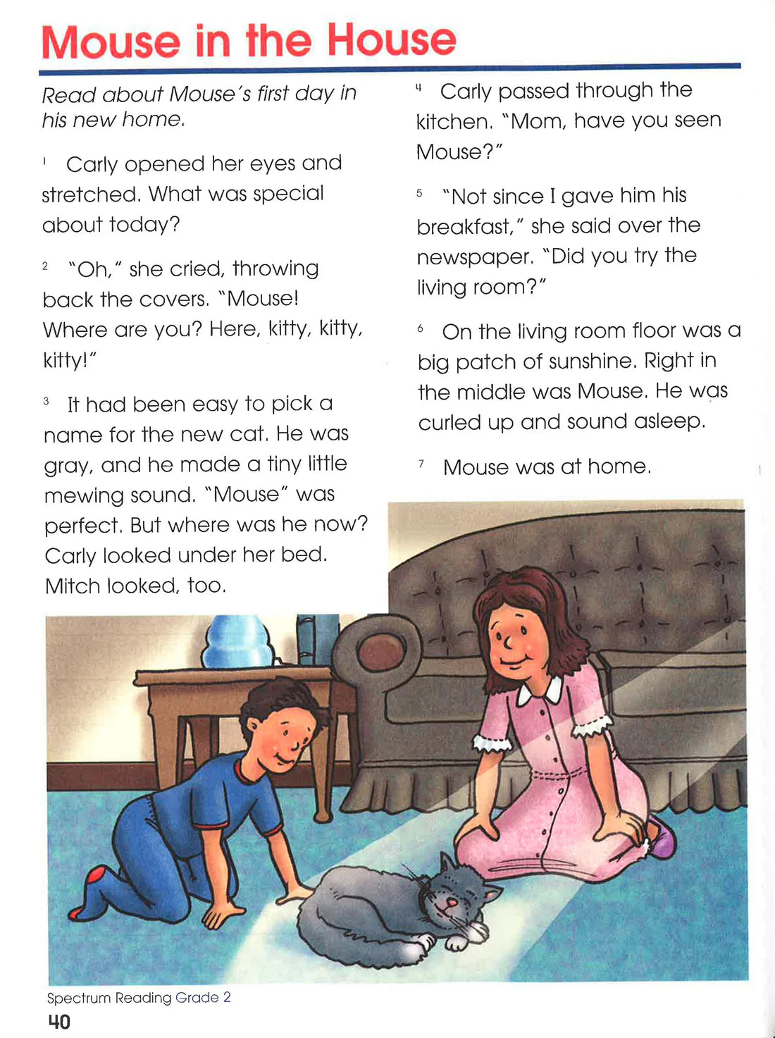 Illustrated book page from 'Mouse in the House' with text and two children with a cat.