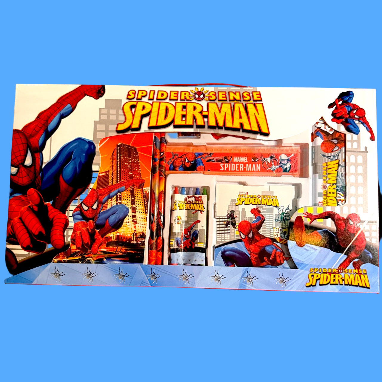 Spider-Man stationery set with cityscape background