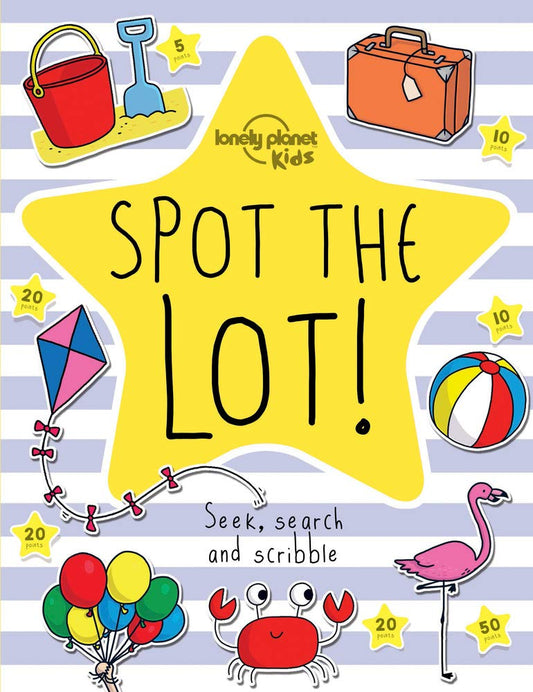 Children's book titled 'Spot the Lot!' by Lonely Planet Kids with colorful illustrations on a striped background.