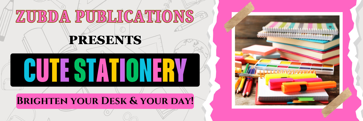 Promotional banner for Zubda Publications' cute stationery with colorful text and stationery items.