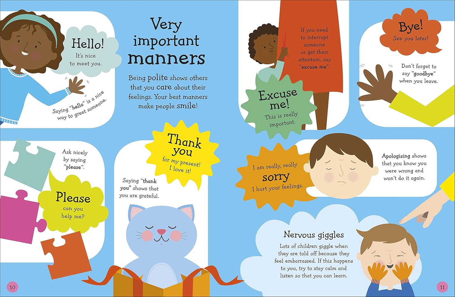 Illustrated children's book page teaching manners with colorful graphics and text.