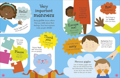 Illustrated children's book page teaching manners with colorful graphics and text.