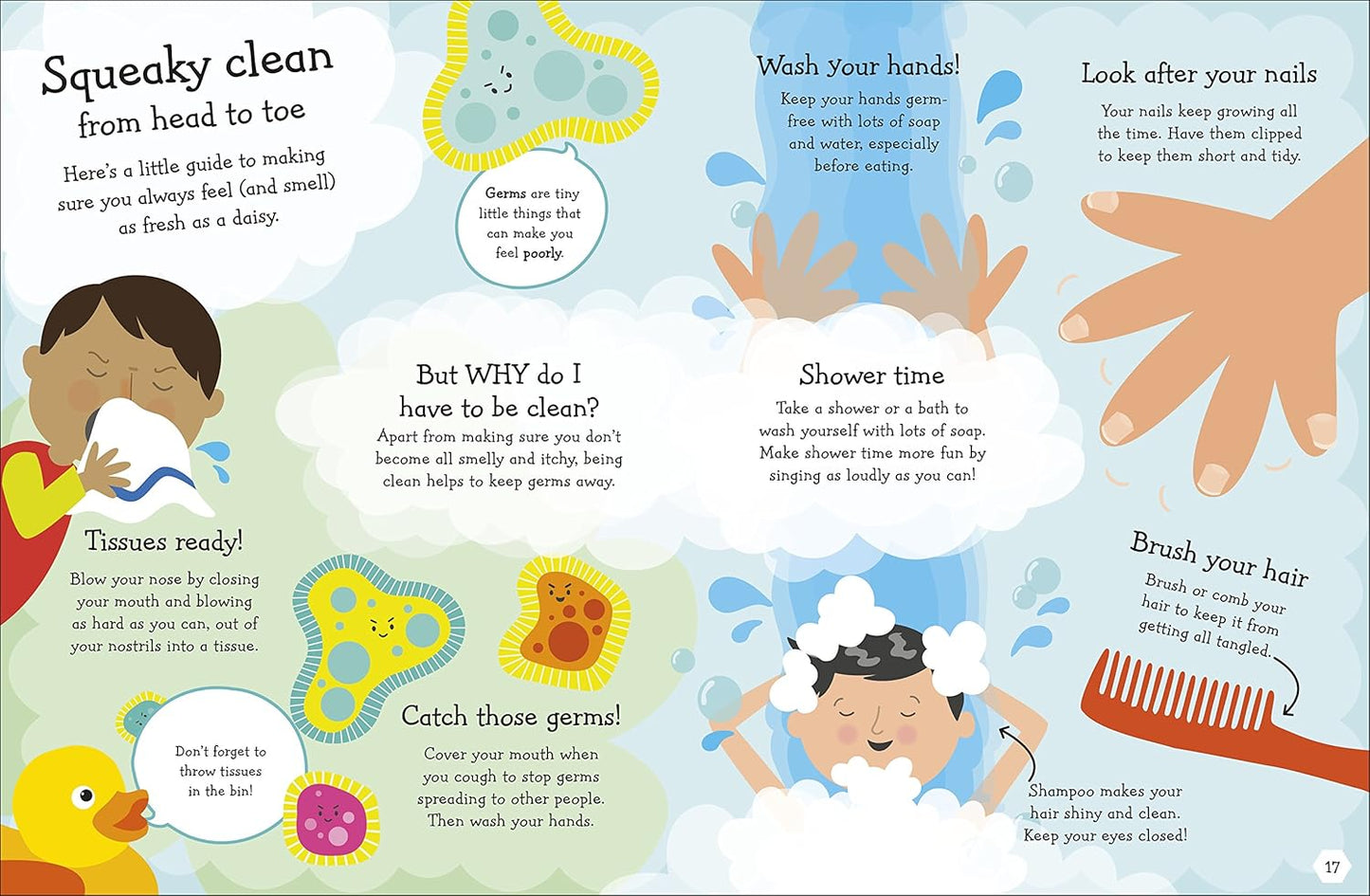 Illustrated children's book page about hygiene with various activities and text.