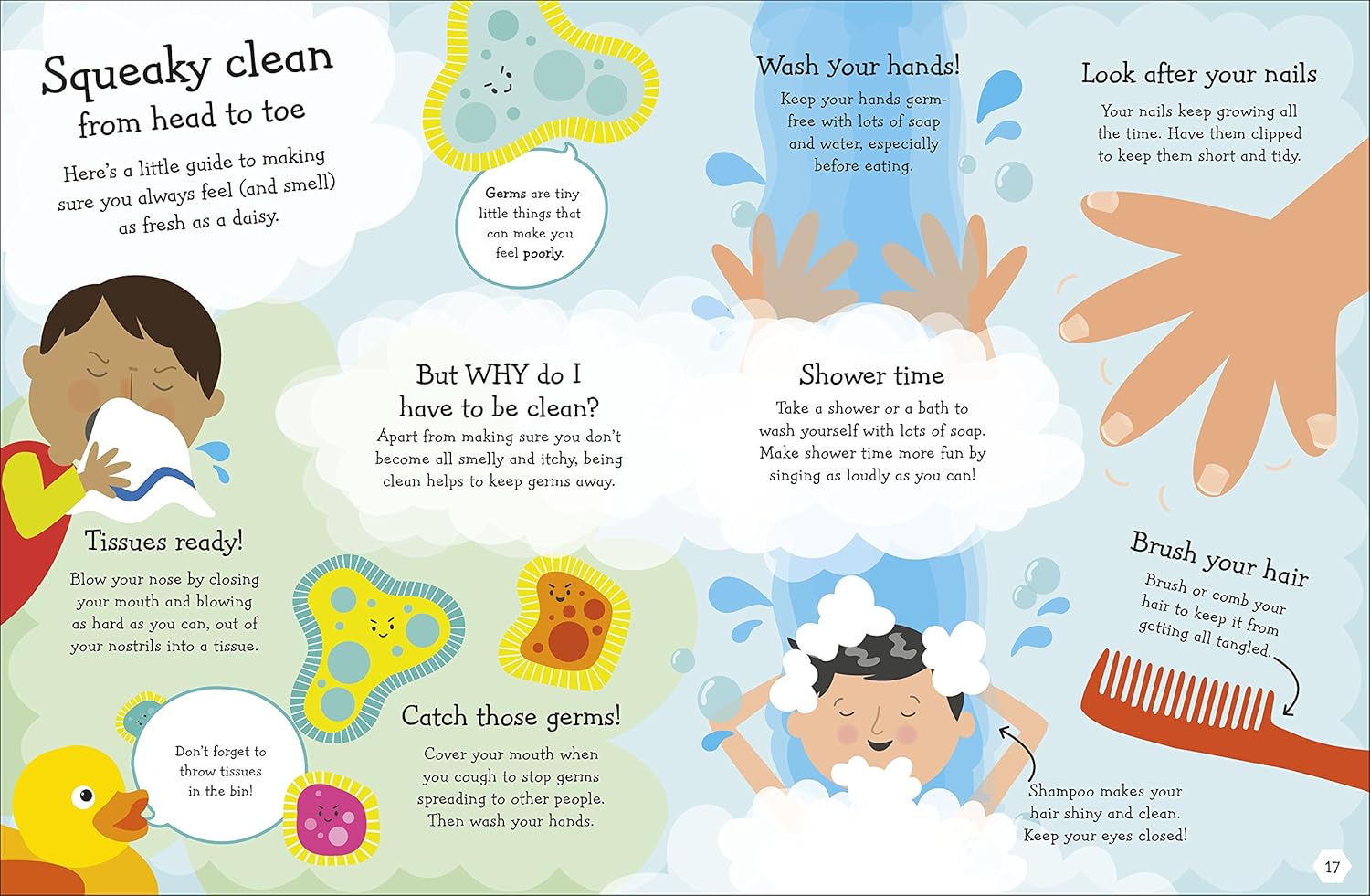 Illustrated children's book page about hygiene with various activities and text.
