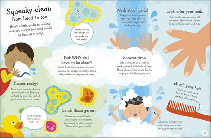 Illustrated children's book page about hygiene with various activities and text.