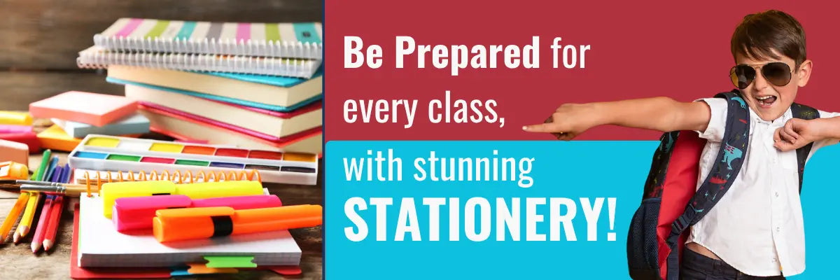 Promotional banner for stationery with colorful school supplies and a child holding a backpack.