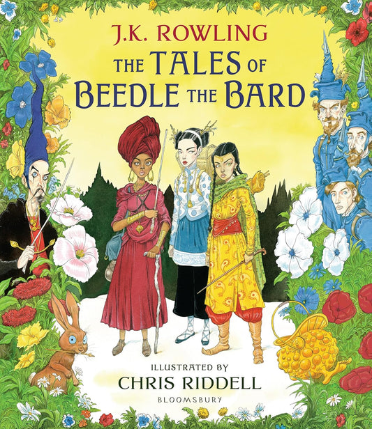 Book cover of 'The Tales of Beedle the Bard' with illustrated characters and flowers.
