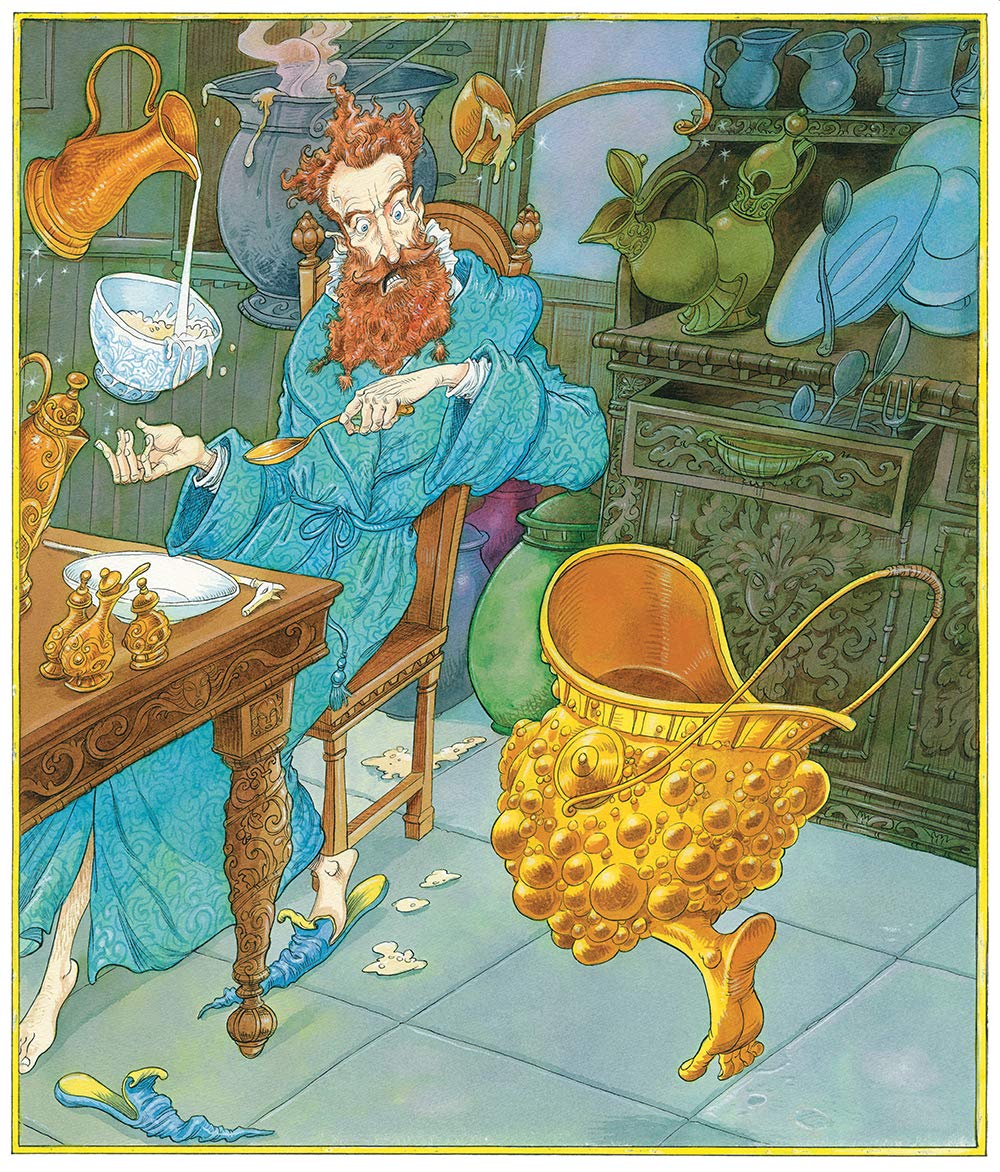 Illustration of a wizard in a blue robe with a beard, surrounded by magical objects in a room.