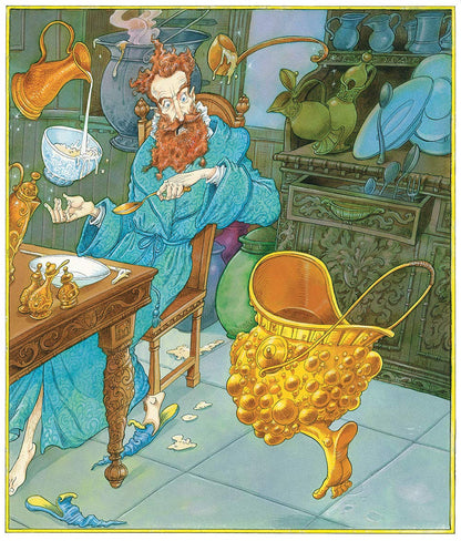 Illustration of a wizard in a blue robe with a beard, surrounded by magical objects in a room.