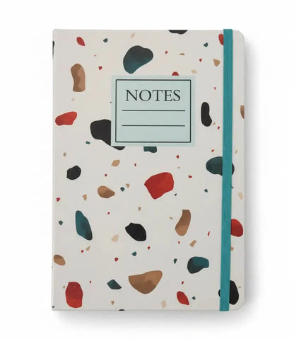 Notebook with colorful abstract pattern and 'NOTES' label on a white background