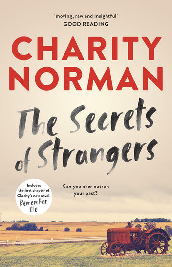 Book cover of 'The Secrets of Strangers' by Charity Norman with a tractor and landscape in the background.