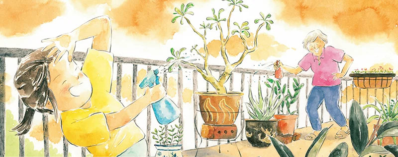 Illustration of two people tending to plants on a balcony with watercolor effects.