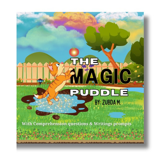 Book cover of 'The Magic Puddle' by Zubda M. with a cartoon cat and puddle in a colorful garden setting.