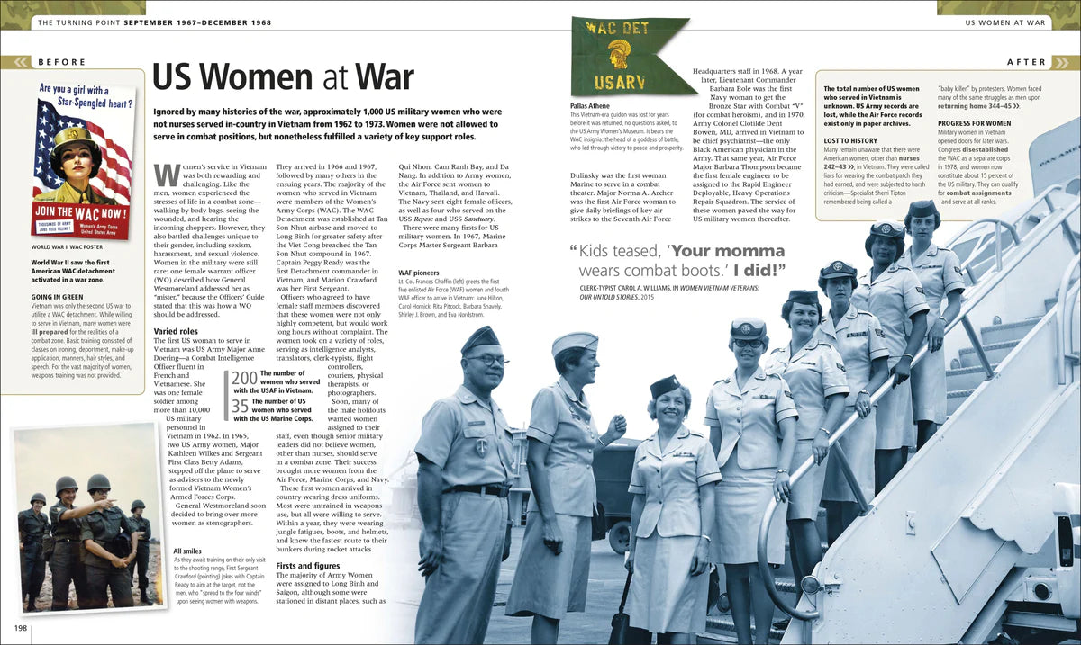 Magazine spread on US women at war with historical images and text.