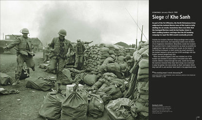 Black and white photograph of soldiers near sandbags with text on the right side.