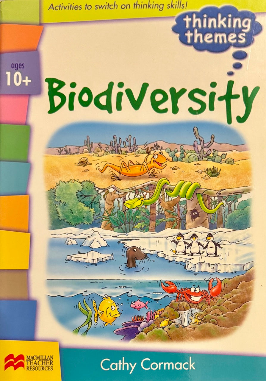 Book cover of 'Biodiversity' by Cathy Cormack, featuring illustrations of animals in different environments.