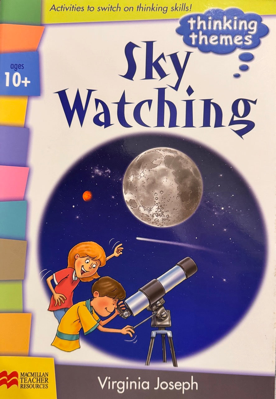 Book cover of 'Sky Watching' by Virginia Joseph featuring two children with a telescope and moon illustration.