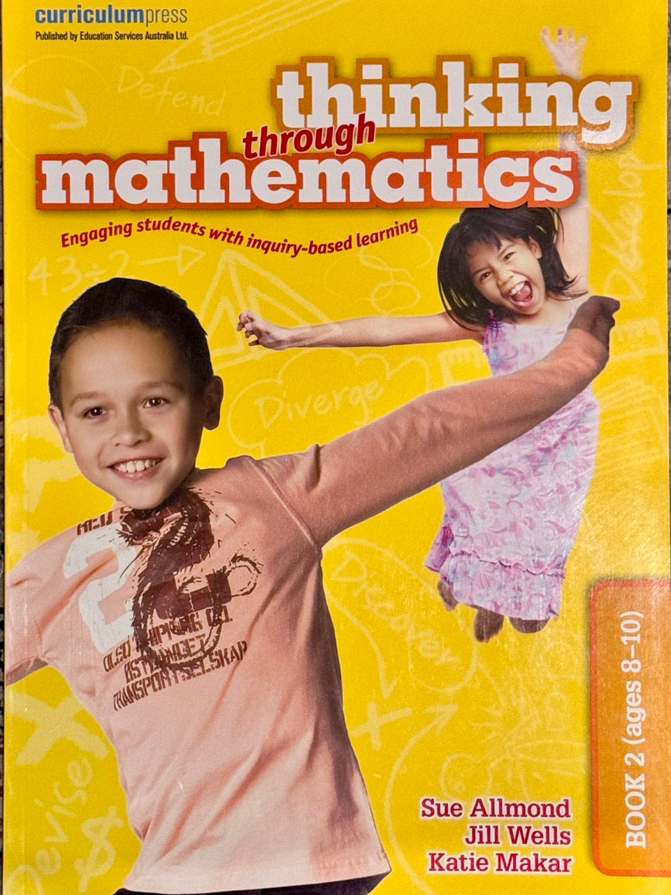 Book cover of 'Thinking through Mathematics' with two children on a yellow background