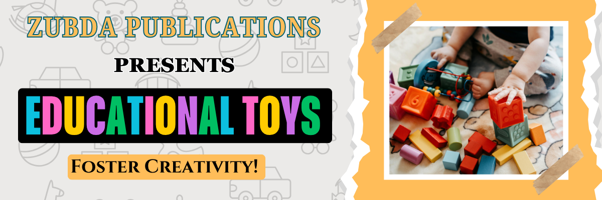 Zubda Publications educational toys advertisement with colorful text and a child playing with toys.