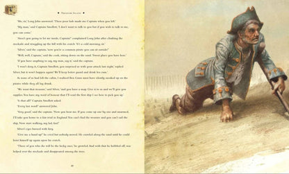Illustrated book page with a character in a costume and text on the left.