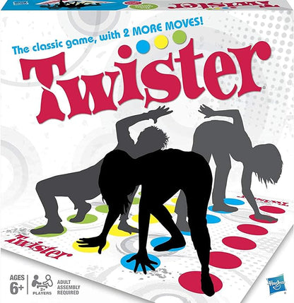 Twister game box with silhouettes of people playing and colorful dots on a white background