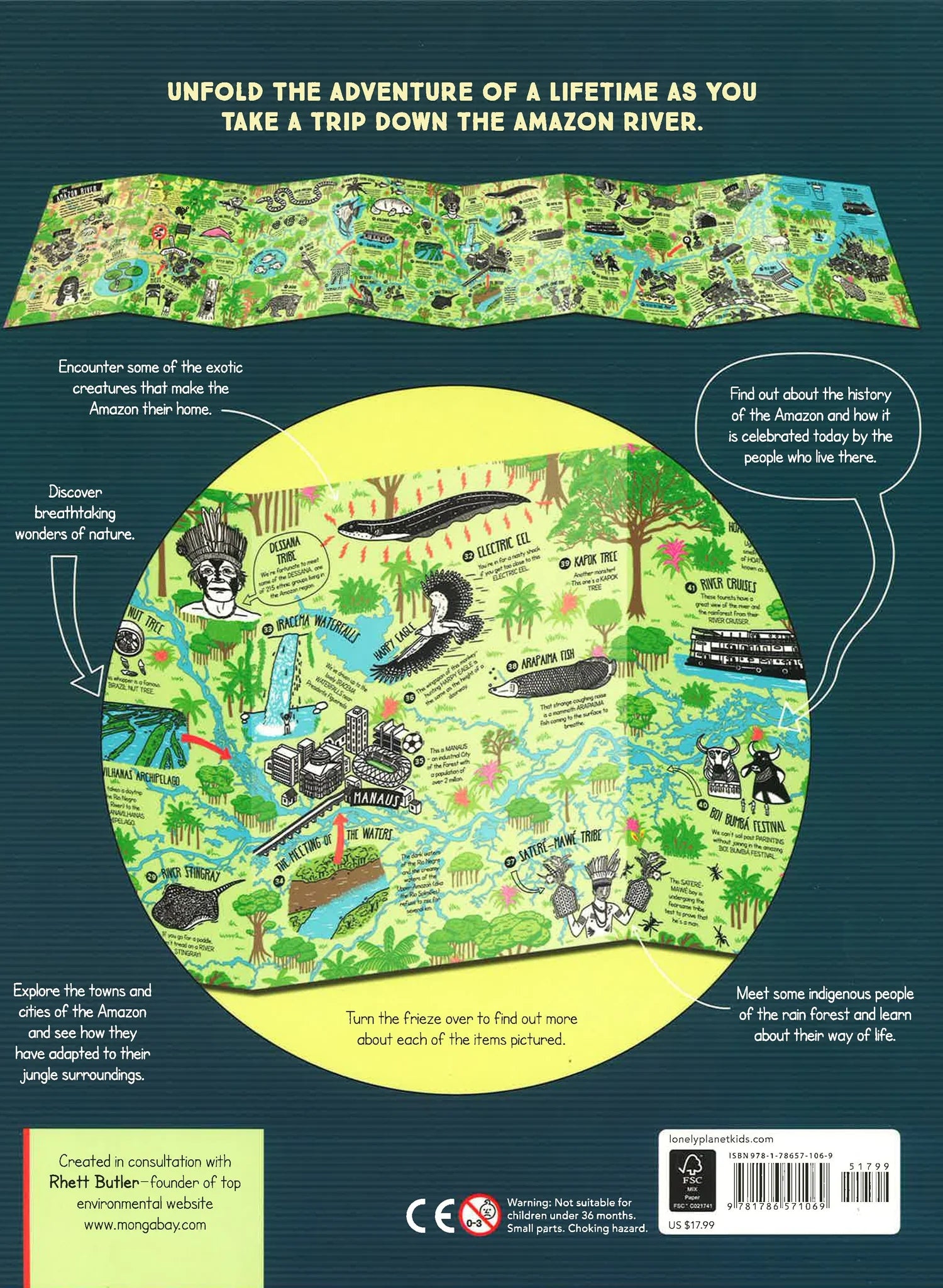 Back cover of a book with a colorful map of the Amazon River and its surroundings, featuring text and illustrations.