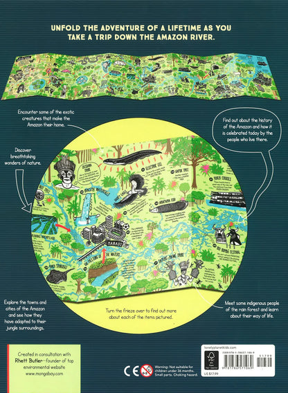 Back cover of a book with a colorful map of the Amazon River and its surroundings, featuring text and illustrations.