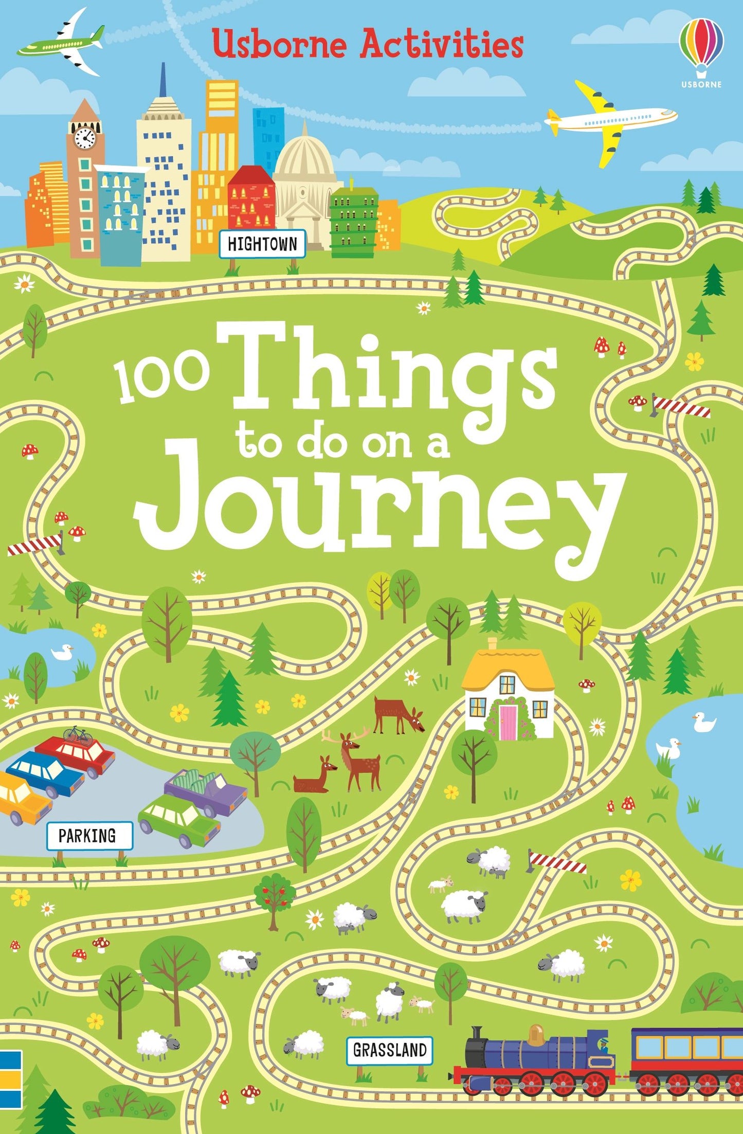 Book cover of '100 Things to do on a Journey' with colorful illustrations of roads, vehicles, and landscapes.