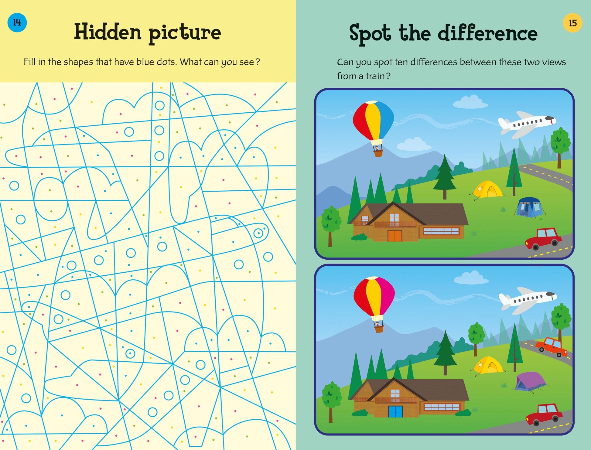 Educational book pages with hidden picture and spot the difference activities.