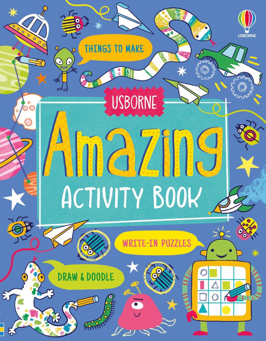 Children's activity book cover with colorful illustrations and Usborne branding