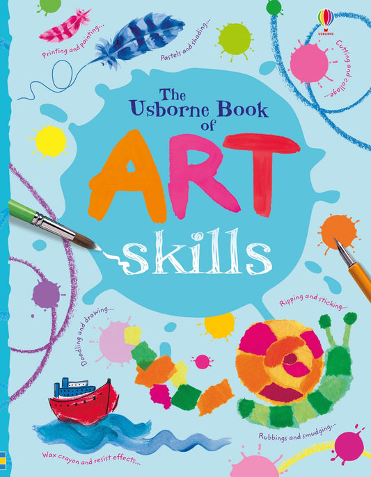 Book cover of 'The Usborne Book of Art Skills' with colorful art elements and tools.